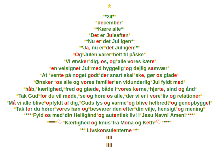 Julehilsen skrevet som et grønt juletræ